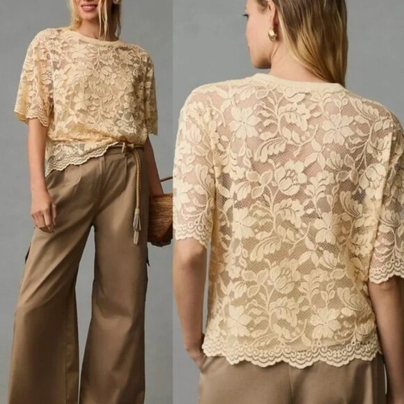 Dolan | Anthropologie Short Sleeve Cream Scalloped Lace Top With Cami | Small - Picture 1 of 14
